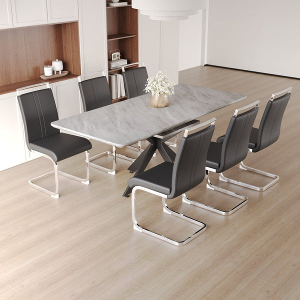 English Elm 62.4" Extendable Mdf Dining Table Set Seats 8 with Padded Chairs and X-frame Metal Legs W2189S00949