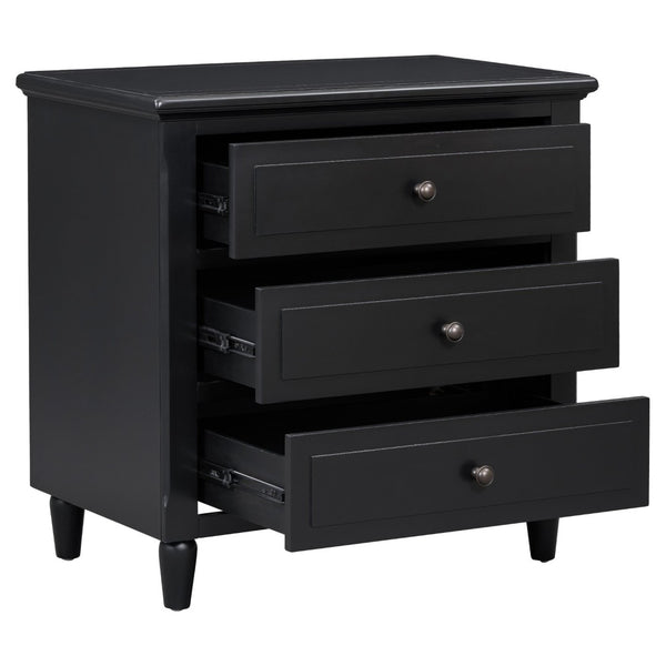 English Elm U_style Three Drawer Painted Nightstand Rubberwood Legs Minimalist Bedside Storage Cabinet Black WF319366AAB