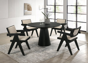 English Elm Jasper Round Pedestal Dining Set Seats Four with Ebony Wood Grain Upholstered Arm Chairs B061S00818