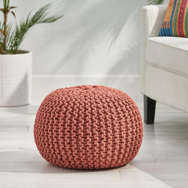 English Elm Moro Chunky Cable Knit Cotton Round Pouf Artisan Footrest for Living Room or Nursery 60480.00CRL-CN