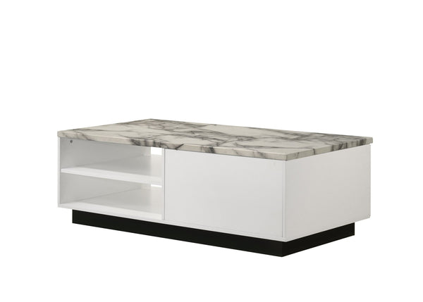 English Elm Matilda Faux Marble Coffee Table with Open Shelf Drawer and Matte Black Base B061P160680
