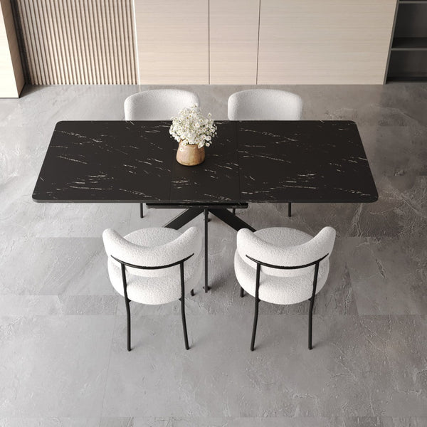 English Elm 62.4" Extendable Mdf Dining Set with Upholstered Chairs and Black X Metal Legs Black White W2189S00956