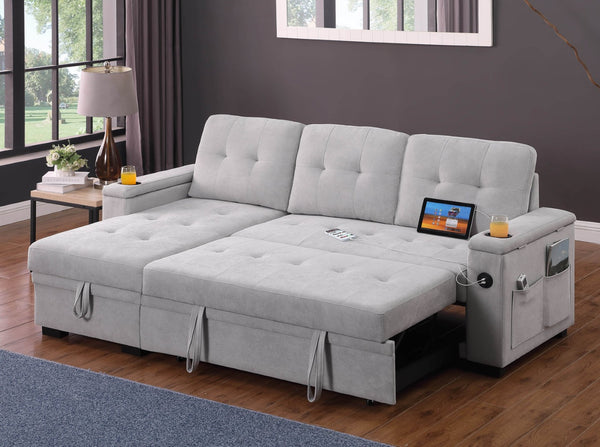 English Elm Ashlyn Reversible Sleeper Sectional Woven Fabric Sofa with Storage and Charging Ports B061S00843