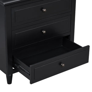 English Elm U_style Three Drawer Painted Nightstand Rubberwood Legs Minimalist Bedside Storage Cabinet Black WF319366AAB
