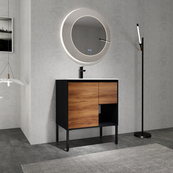English Elm 30 inch Dual-Install Vanity with Gel Sink, Soft-Close Doors & 2/3 Drawers, Plywood, Water-Resist Finish W999102639