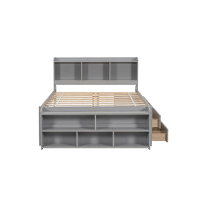 English Elm Full Storage Bed With Bookcase Headboard, Under-Bed Drawers & Stylish Grey Finish For Small Spaces W504S00126
