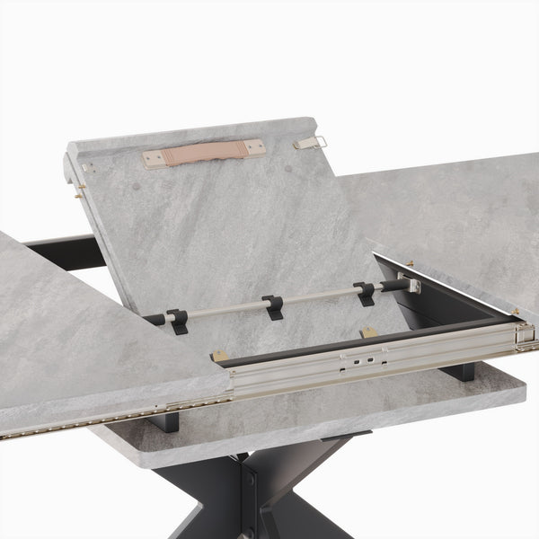 English Elm 62.4" Extendable Dining Table Mid-Century Industrial MDF Top with Metal X Legs Seats 8-10 Comfortably Grey+Black W2189S00100