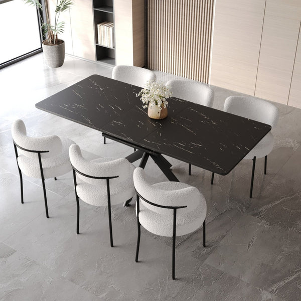 English Elm 62.4" Extendable Mdf Dining Table Set Seats 8 with Upholstered Curved Backrest Chairs Black White W2189S00955