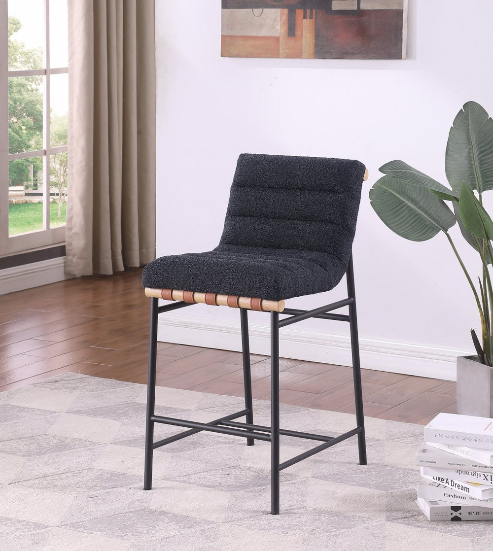 English Elm Lahni Boucle Counter Stool with Cognac Leather Strap Back and Iron Legs B061P160684
