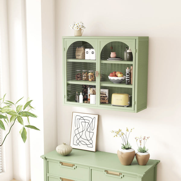 English Elm 27.56"Glass Modern Two-Door Wall Cabinet Green with Tempered Glass, Three-Tier Storage & Woven Detail W757135228