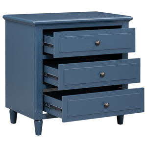 English Elm U_style Three Drawer Painted Nightstand Rubberwood Legs Minimalist Bedside Storage Cabinet Blue WF319366AAV