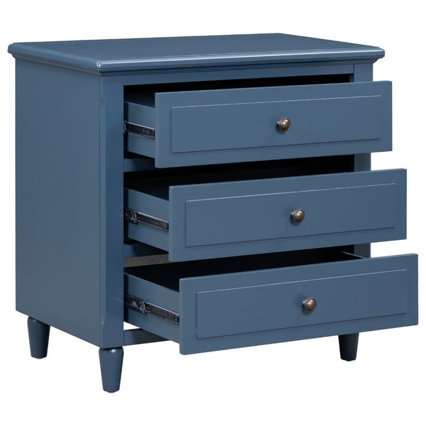 English Elm U_style Three Drawer Painted Nightstand Rubberwood Legs Minimalist Bedside Storage Cabinet Blue WF319366AAV