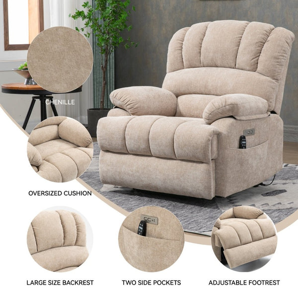 English Elm 23" Oversized Chenille Power Lift Recliner with Massage Heating and Usb Charging W1803P236297