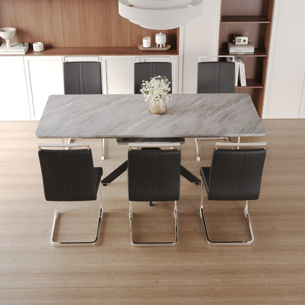 English Elm 62.4" Extendable Mdf Dining Table Set Seats 8 with Padded Chairs and X-frame Metal Legs W2189S00949
