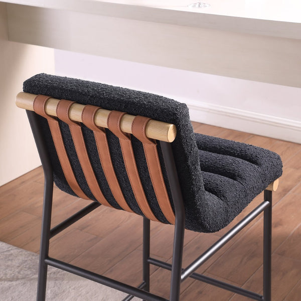 English Elm Lahni Boucle Counter Stool with Cognac Leather Strap Back and Iron Legs B061P160684