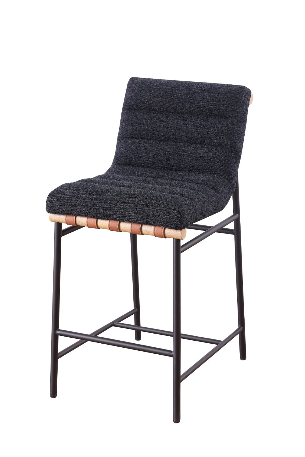 English Elm Lahni Boucle Counter Stool with Cognac Leather Strap Back and Iron Legs B061P160684