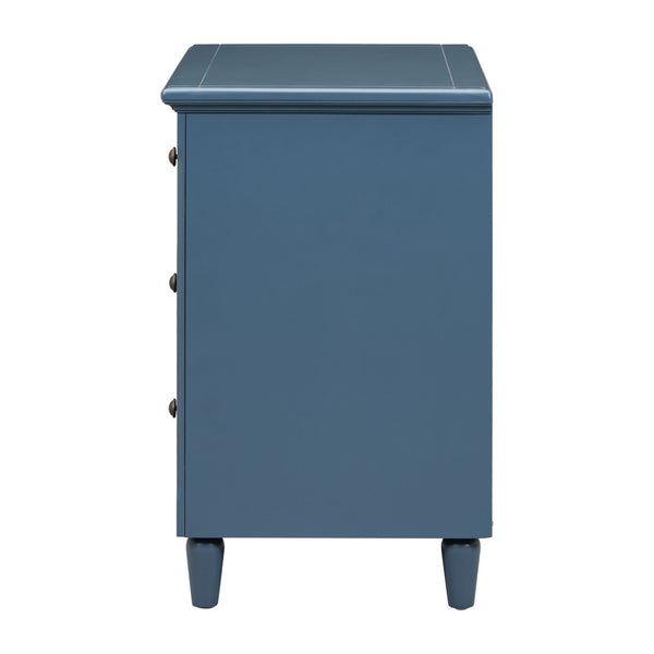 English Elm U_style Three Drawer Painted Nightstand Rubberwood Legs Minimalist Bedside Storage Cabinet Blue WF319366AAV