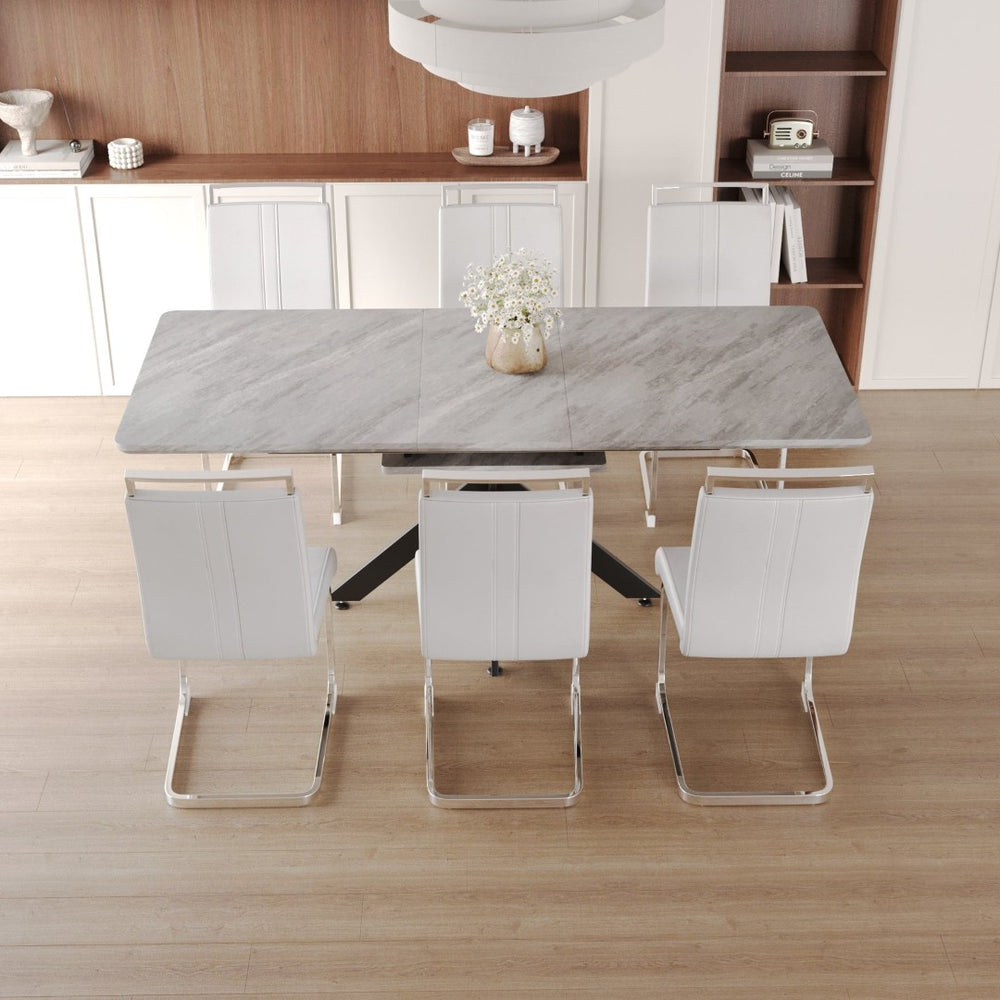 English Elm 62.4" Extendable Mdf Dining Table Set Seats Eight with Six Padded Chairs and Metal Legs W2189S00953