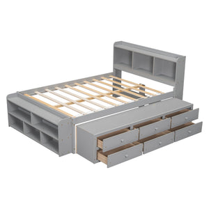 English Elm Full Storage Bed With Bookcase Headboard, Under-Bed Drawers & Stylish Grey Finish For Small Spaces W504S00126