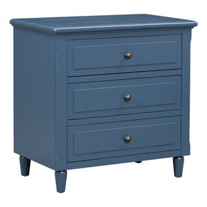 English Elm U_style Three Drawer Painted Nightstand Rubberwood Legs Minimalist Bedside Storage Cabinet Blue WF319366AAV