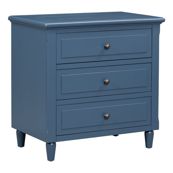 English Elm U_style Three Drawer Painted Nightstand Rubberwood Legs Minimalist Bedside Storage Cabinet Blue WF319366AAV
