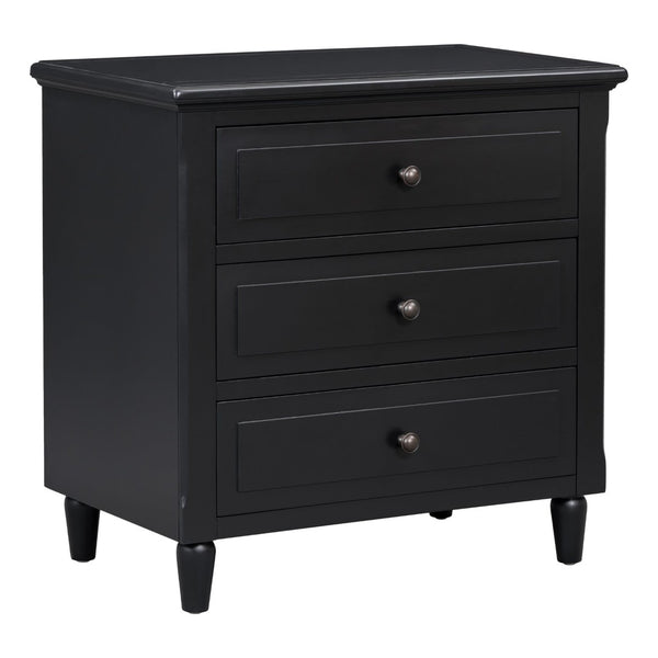 English Elm U_style Three Drawer Painted Nightstand Rubberwood Legs Minimalist Bedside Storage Cabinet Black WF319366AAB