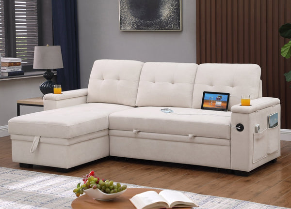English Elm Ashlyn Reversible Sleeper Sectional Woven Fabric Sofa with Storage and Charging Ports B061S00852