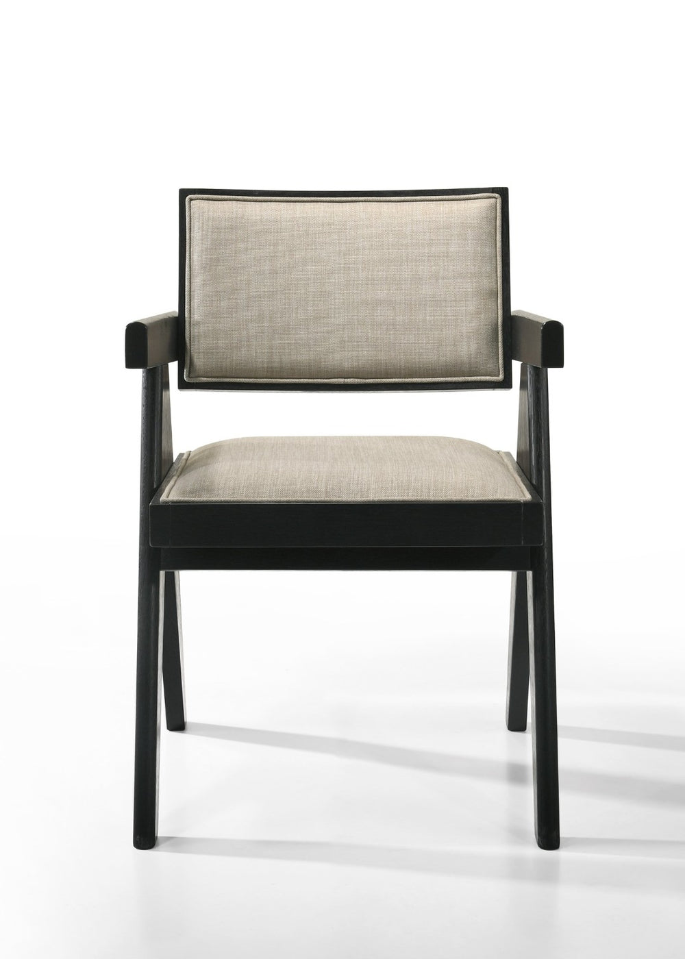 English Elm Jasper Solid Wood Arm Dining Chairs Set of 2 Ebony Frame Beige Upholstered Seat B061P160681