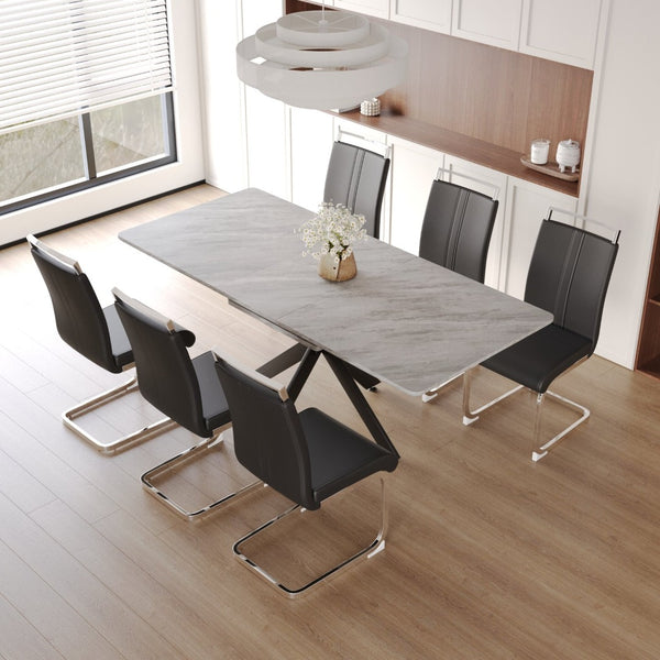 English Elm 62.4" Extendable Mdf Dining Table Set Seats 8 with Padded Chairs and X-frame Metal Legs W2189S00949