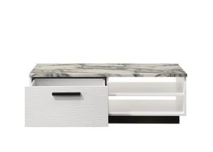 English Elm Matilda Faux Marble Coffee Table with Open Shelf Drawer and Matte Black Base B061P160680