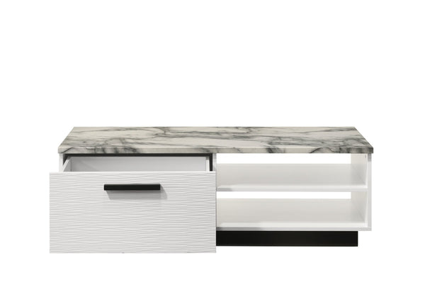 English Elm Matilda Faux Marble Coffee Table with Open Shelf Drawer and Matte Black Base B061P160680