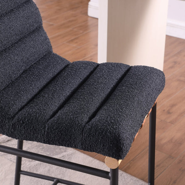 English Elm Lahni Boucle Counter Stool with Cognac Leather Strap Back and Iron Legs B061P160684