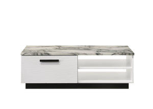 English Elm Matilda Faux Marble Coffee Table with Open Shelf Drawer and Matte Black Base B061P160680