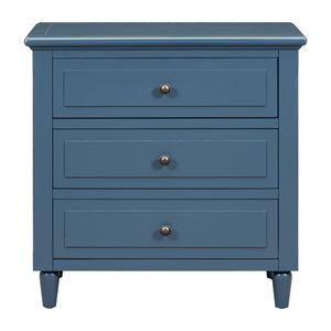 English Elm U_style Three Drawer Painted Nightstand Rubberwood Legs Minimalist Bedside Storage Cabinet Blue WF319366AAV