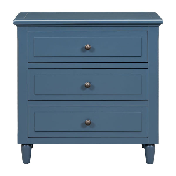 English Elm U_style Three Drawer Painted Nightstand Rubberwood Legs Minimalist Bedside Storage Cabinet Blue WF319366AAV