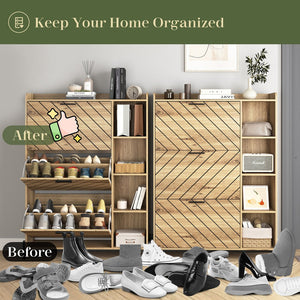 English Elm Shoe Cabinet with 3 Flip Drawers & Open Shelves, Slim Rustic Herringbone Organizer for Entryway Driftwood W2227P144266