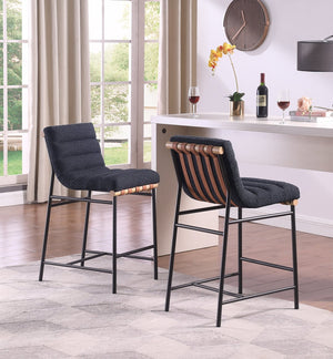 English Elm Lahni Boucle Counter Stool with Cognac Leather Strap Back and Iron Legs B061P160684