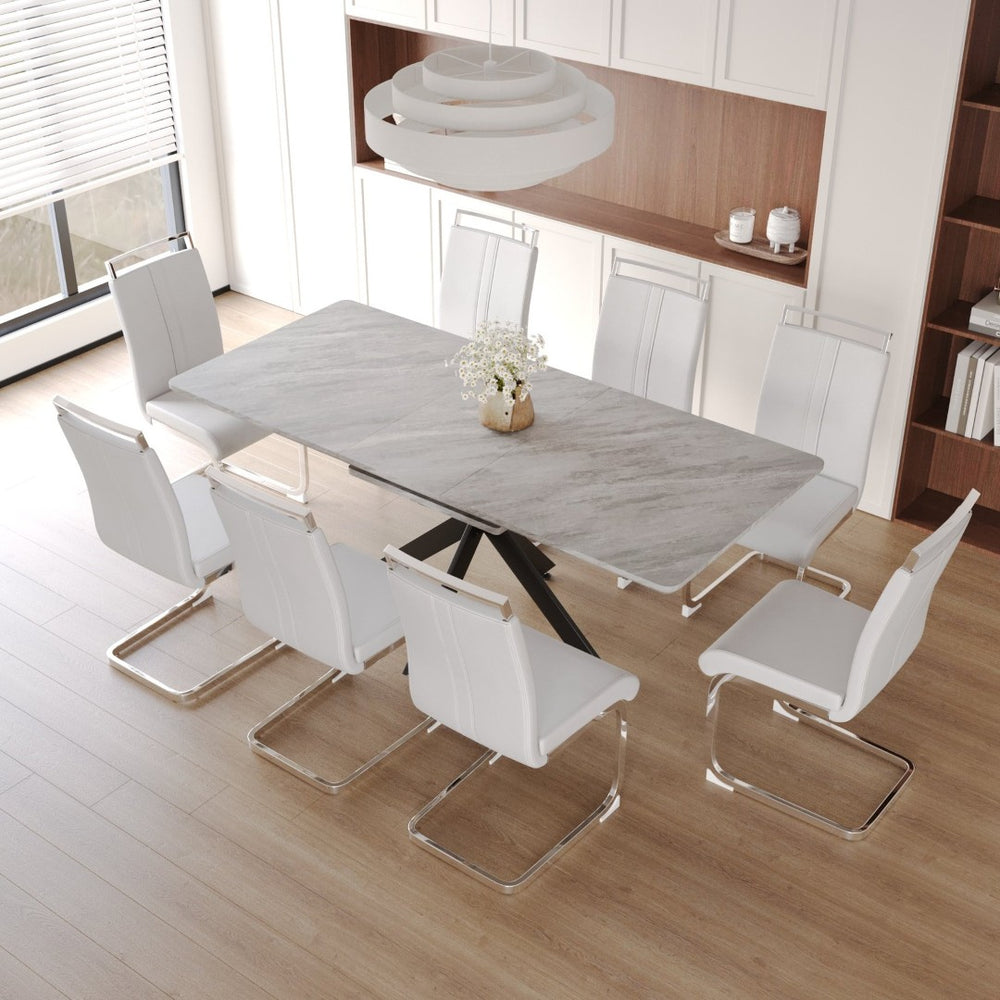 English Elm 62.4" Extendable Mdf Dining Table Set Seats 8 with Padded Chairs and X Metal Legs W2189S00952