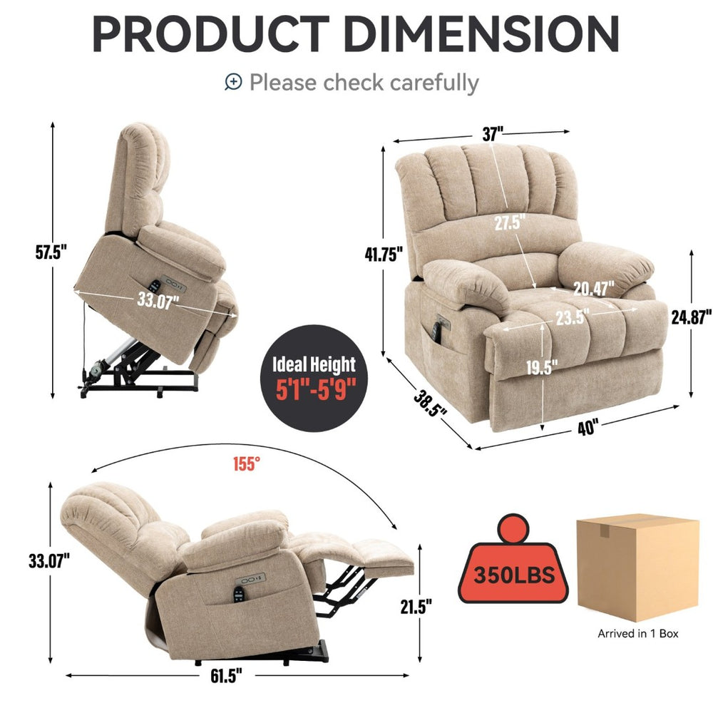 English Elm 23" Oversized Chenille Power Lift Recliner with Massage Heating and Usb Charging W1803P236297
