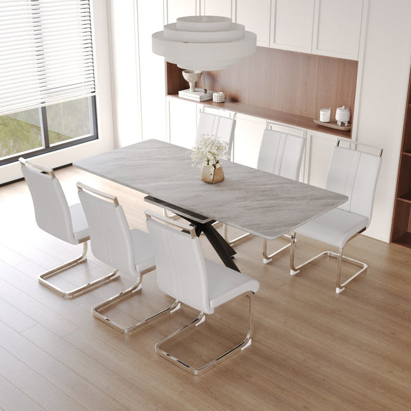 English Elm 62.4" Extendable Mdf Dining Table Set Seats Eight with Six Padded Chairs and Metal Legs W2189S00953