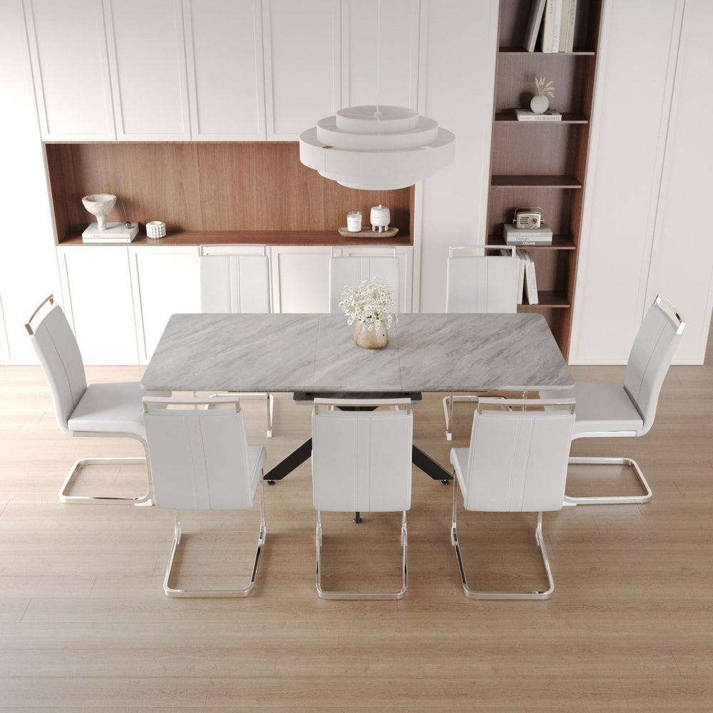English Elm 62.4" Extendable Mdf Dining Table Set Seats 8 with Padded Chairs and X Metal Legs W2189S00952