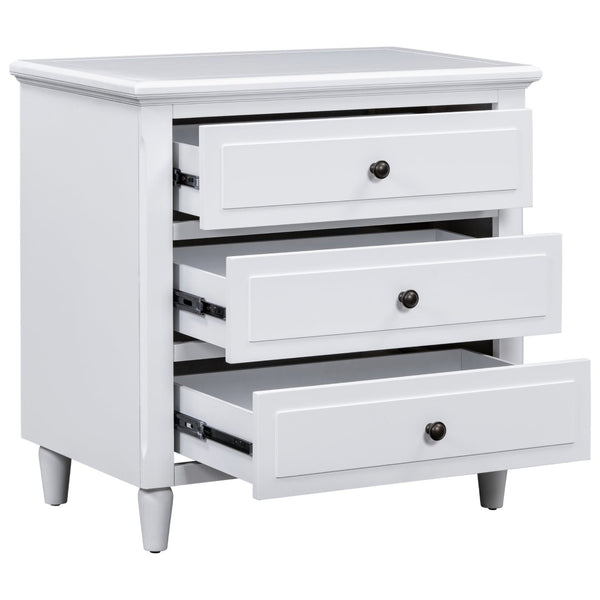 English Elm U_style Three Drawer Painted Nightstand Rubberwood Legs Minimalist Bedside Storage Cabinet White WF319366AAK