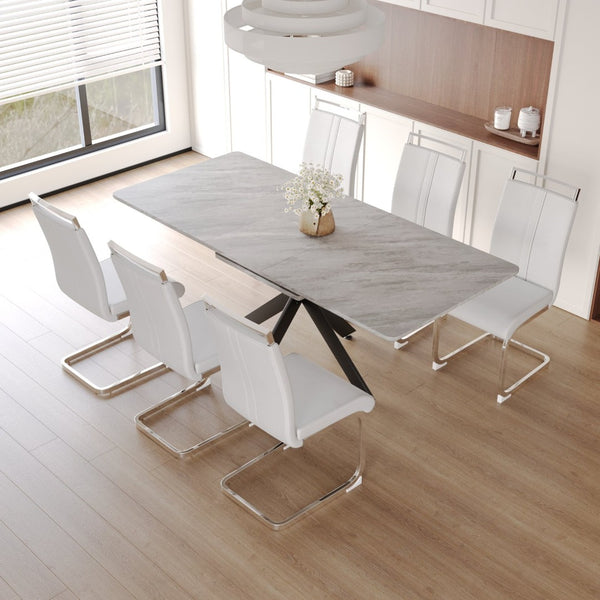 English Elm 62.4" Extendable Mdf Dining Table Set Seats Eight with Six Padded Chairs and Metal Legs W2189S00953