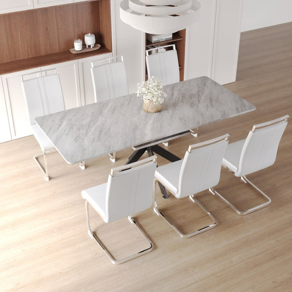 English Elm 62.4" Extendable Mdf Dining Table Set Seats Eight with Six Padded Chairs and Metal Legs W2189S00953