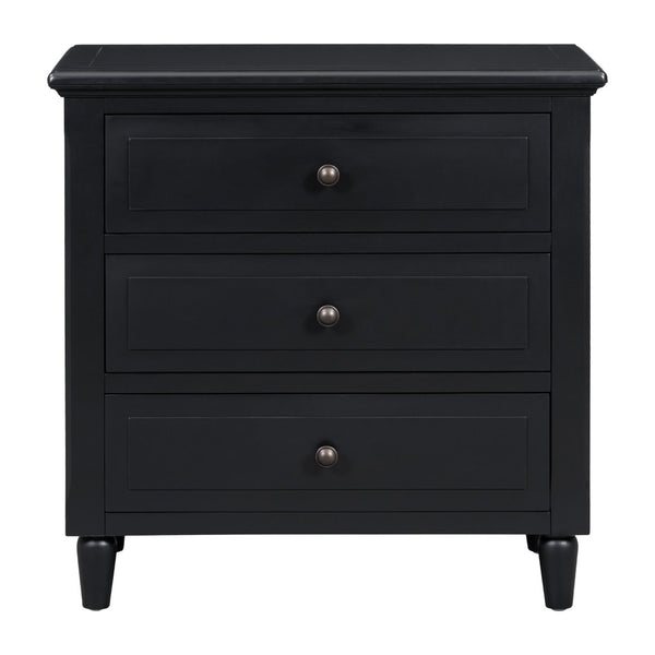 English Elm U_style Three Drawer Painted Nightstand Rubberwood Legs Minimalist Bedside Storage Cabinet Black WF319366AAB