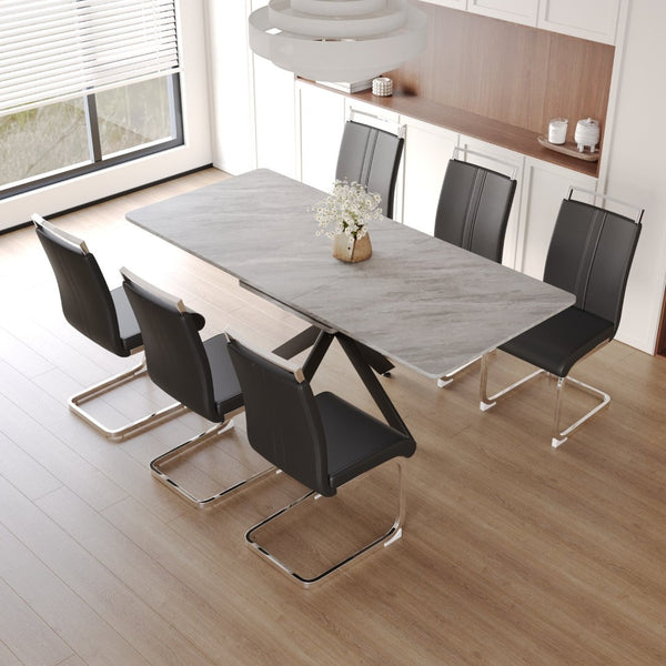 English Elm 62.4" Extendable Mdf Dining Table Set Seats 8 with Padded Chairs and X-frame Metal Legs W2189S00949