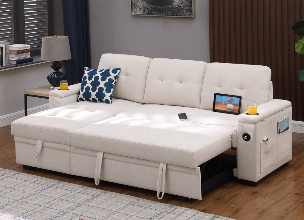 English Elm Ashlyn Reversible Sleeper Sectional Woven Fabric Sofa with Storage and Charging Ports B061S00852
