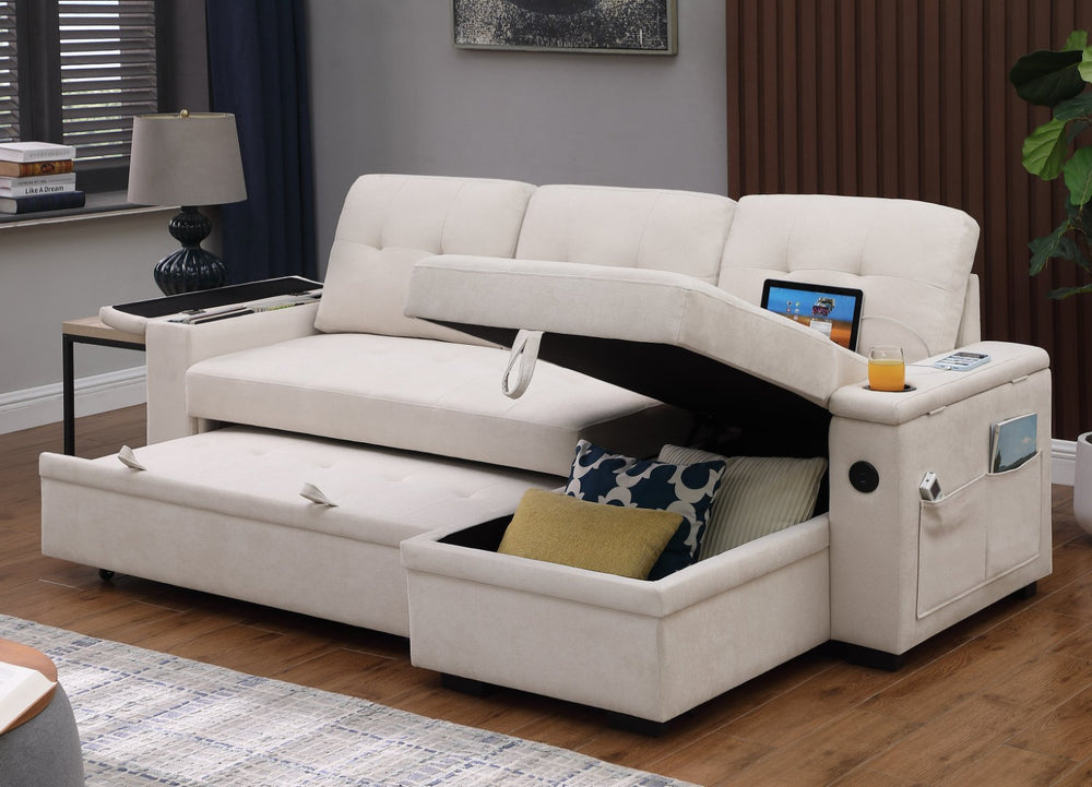 English Elm Ashlyn Reversible Sleeper Sectional Woven Fabric Sofa with Storage and Charging Ports B061S00852