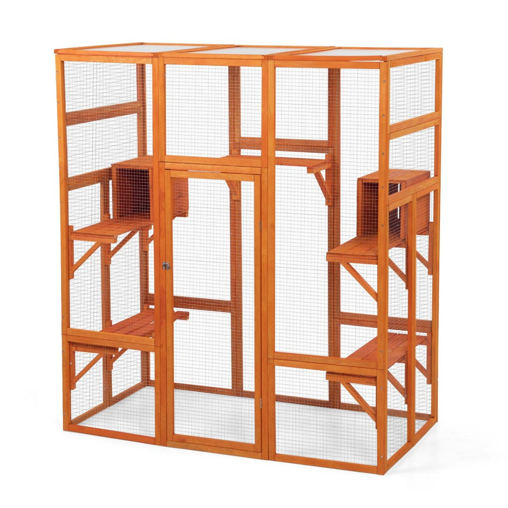 English Elm Large Outdoor Cat Enclosure Fir Wood Mesh Multi-level Habitat with Perches and Condos W2181P160607