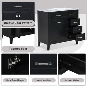 English Elm 36" Freestanding Bathroom Vanity Solid Rubberwood Cabinet with Ceramic Sink and Three Drawers Black JL000007AAB-6